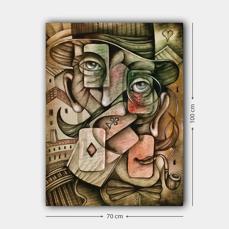 Canvastavla 70x100 cm - Surrealistisk porträttkomposition med två ansikten och spelkortselement - Grön / Brun / Röd - Inredning - Tavlor & posters - Canvastavla