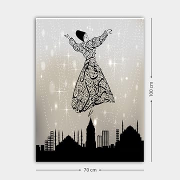 Canvastavla 70x100 cm - Svävande dansare i traditionell klädsel, omgiven av en stadssilhuett - Svart / Vit / Grå - Inredning - Tavlor & posters - Canvastavla