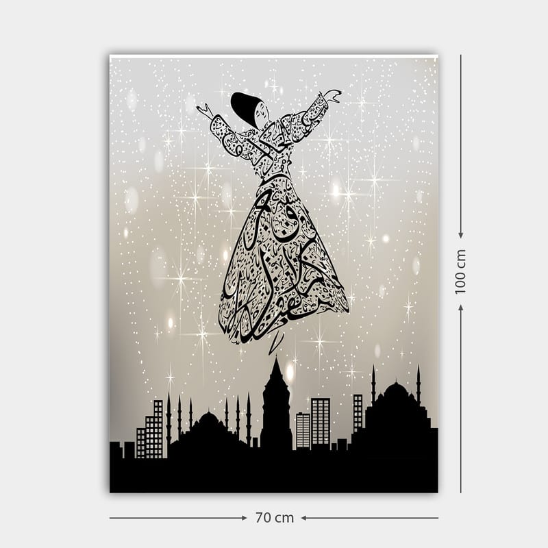 Canvastavla 70x100 cm - Svävande dansare i traditionell klädsel, omgiven av en stadssilhuett - Svart / Vit / Grå - Inredning - Tavlor & posters - Canvastavla