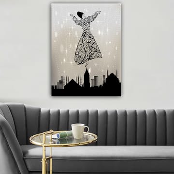 Canvastavla 70x100 cm - Svävande dansare i traditionell klädsel, omgiven av en stadssilhuett - Svart / Vit / Grå - Inredning - Tavlor & posters - Canvastavla