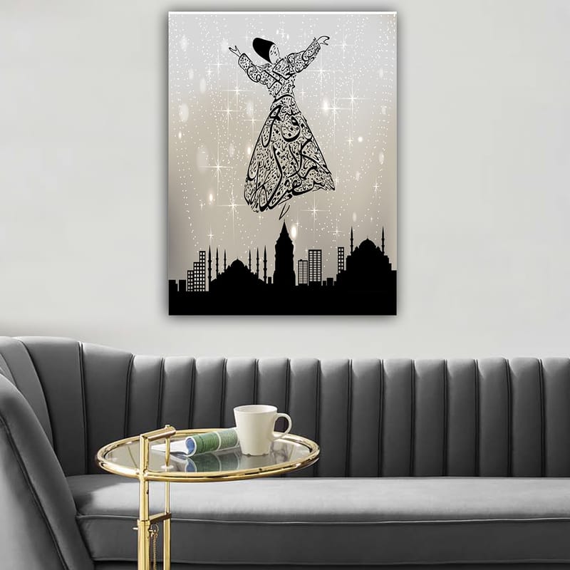 Canvastavla 70x100 cm - Svävande dansare i traditionell klädsel, omgiven av en stadssilhuett - Svart / Vit / Grå - Inredning - Tavlor & posters - Canvastavla