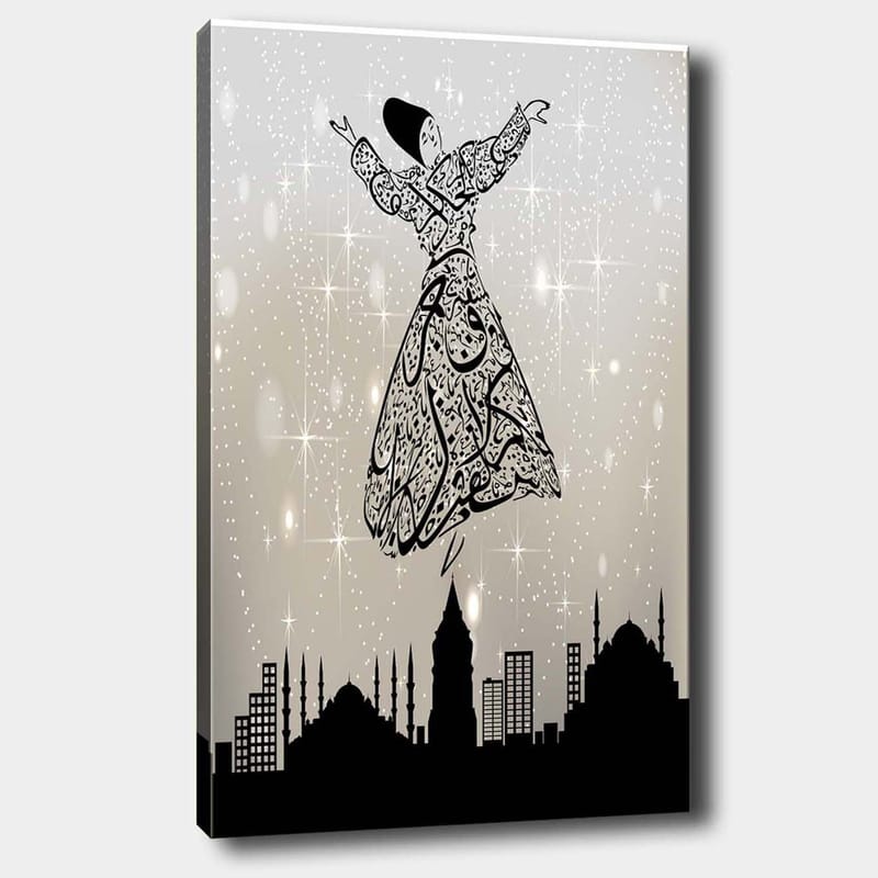 Canvastavla 70x100 cm - Svävande dansare i traditionell klädsel, omgiven av en stadssilhuett, Svart / Vit / Grå