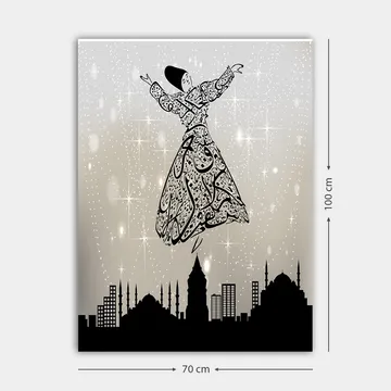 Canvastavla 70x100 cm - Svävande dansare i traditionell klädsel, omgiven av en stadssilhuett - Svart / Vit / Grå - Inredning - Tavlor & posters - Canvastavla