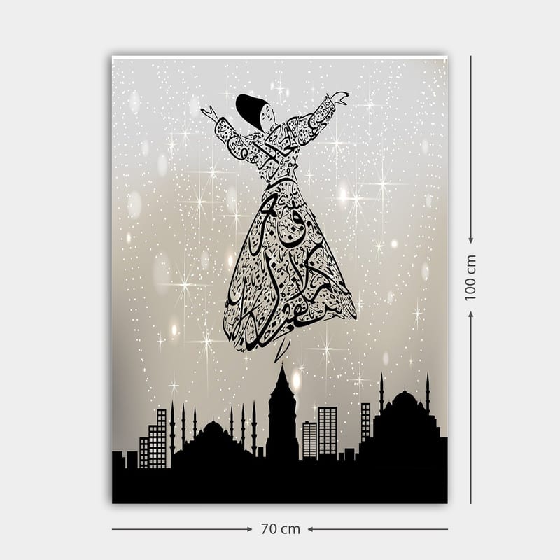 Canvastavla 70x100 cm - Svävande dansare i traditionell klädsel, omgiven av en stadssilhuett - Svart / Vit / Grå - Inredning - Tavlor & posters - Canvastavla