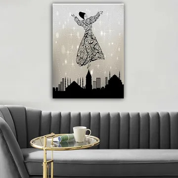 Canvastavla 70x100 cm - Svävande dansare i traditionell klädsel, omgiven av en stadssilhuett - Svart / Vit / Grå - Inredning - Tavlor & posters - Canvastavla