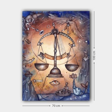 Canvastavla 70x100 cm - Symbolisk skala som representerar balans, omgiven av olika element som föreställer livets komplexitet - Guld / Blå / Brun - Inredning - Tavlor & posters - Canvastavla