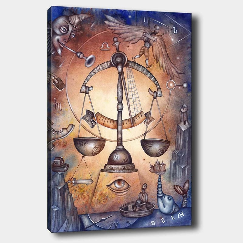 Canvastavla 70x100 cm - Symbolisk skala som representerar balans, omgiven av olika element som föreställer livets komplexitet - Guld / Blå / Brun - Inredning - Tavlor & posters - Canvastavla