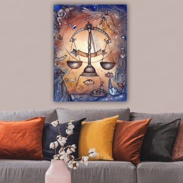 Canvastavla 70x100 cm - Symbolisk skala som representerar balans, omgiven av olika element som föreställer livets komplexitet - Guld / Blå / Brun - Inredning - Tavlor & posters - Canvastavla