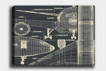 Canvastavla 70x100 cm - Teknisk ritning av ett flygplan med detaljerade komponenter - Mörkblå / Ljusbeige - Inredning - Tavlor & posters - Canvastavla