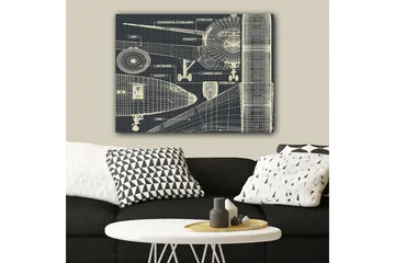 Canvastavla 70x100 cm - Teknisk ritning av ett flygplan med detaljerade komponenter - Mörkblå / Ljusbeige - Inredning - Tavlor & posters - Canvastavla