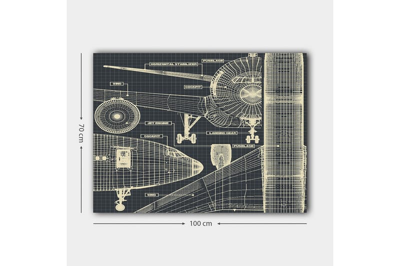 Canvastavla 70x100 cm - Teknisk ritning av ett flygplan med detaljerade komponenter - Mörkblå / Ljusbeige - Inredning - Tavlor & posters - Canvastavla