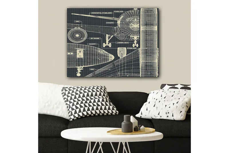 Canvastavla 70x100 cm - Teknisk ritning av ett flygplan med detaljerade komponenter - Mörkblå / Ljusbeige - Inredning - Tavlor & posters - Canvastavla
