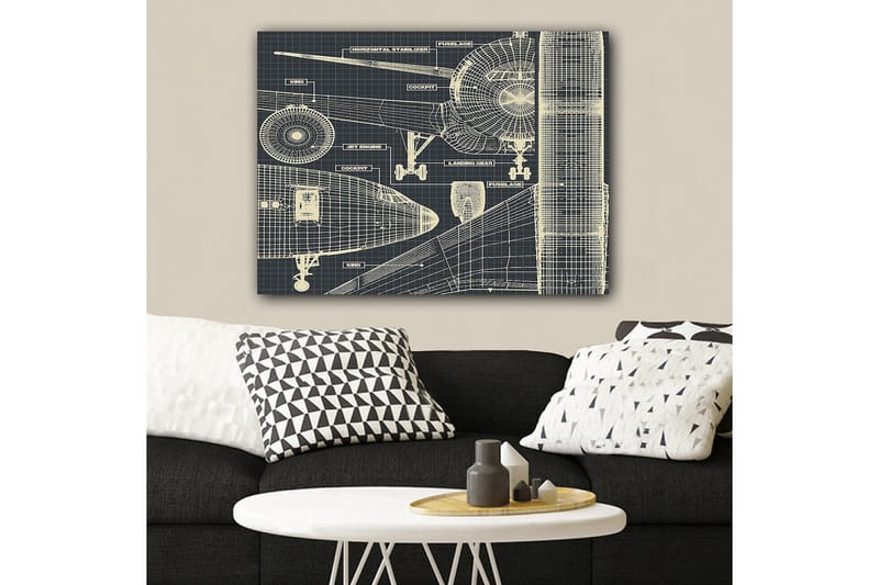 Canvastavla 70x100 cm - Teknisk ritning av ett flygplan med detaljerade komponenter - Mörkblå / Ljusbeige - Inredning - Tavlor & posters - Canvastavla