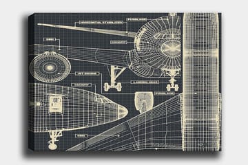 Canvastavla 70x100 cm - Teknisk ritning av ett flygplan med detaljerade komponenter - Mörkblå / Ljusbeige - Inredning - Tavlor & posters - Canvastavla