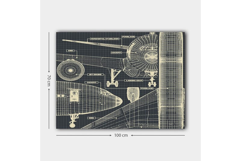 Canvastavla 70x100 cm - Teknisk ritning av ett flygplan med detaljerade komponenter - Mörkblå / Ljusbeige - Inredning - Tavlor & posters - Canvastavla