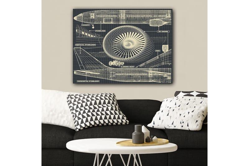 Canvastavla 70x100 cm - Teknisk ritning av ett flygplan med fokus på motor och vingar - Mörkblå / Beige - Inredning - Tavlor & posters - Canvastavla