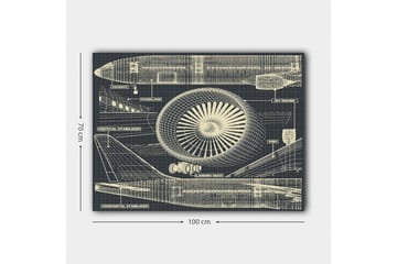 Canvastavla 70x100 cm - Teknisk ritning av ett flygplan med fokus på motor och vingar - Mörkblå / Beige - Inredning - Tavlor & posters - Canvastavla