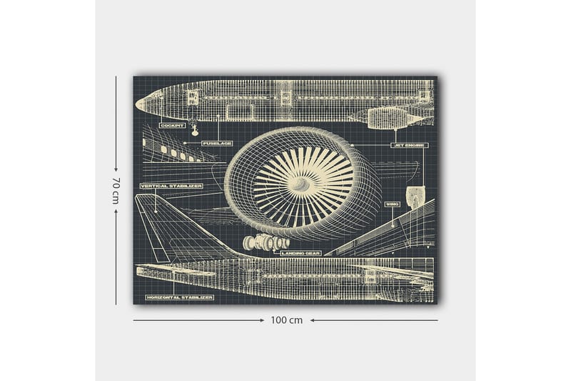 Canvastavla 70x100 cm - Teknisk ritning av ett flygplan med fokus på motor och vingar - Mörkblå / Beige - Inredning - Tavlor & posters - Canvastavla