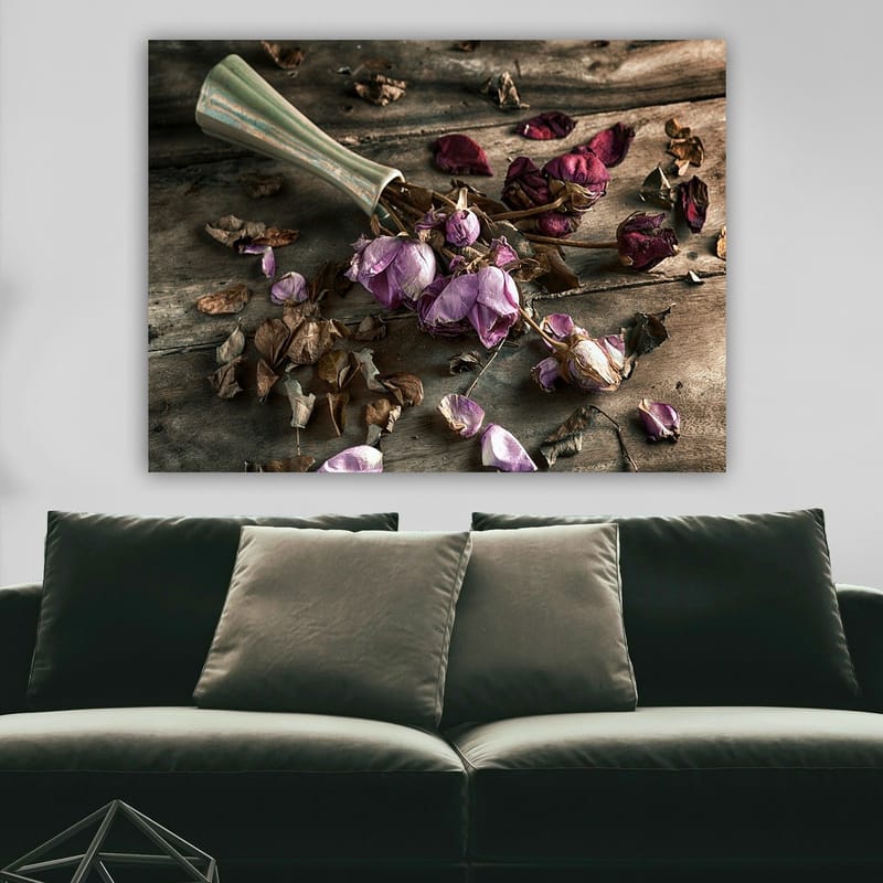 Canvastavla 70x100 cm - Torkade rosor och blad i en vacker komposition - Lila / Brun / Grön - Inredning - Tavlor & posters - Canvastavla