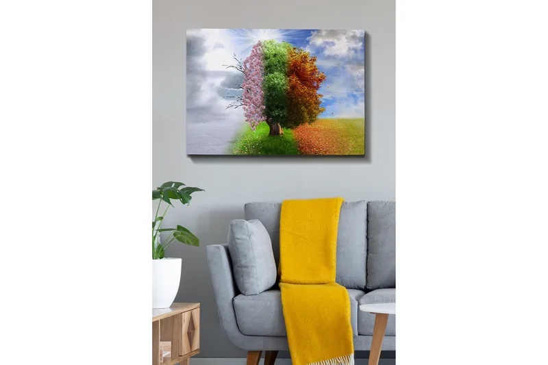 Canvastavla 70x100 cm - Trädkonstruktion som representerar de fyra årstiderna, från vinter till vår, som övergår till sommar och höst - Rosa / Grön / Orange - Inredning - Tavlor & posters - Canvastavla