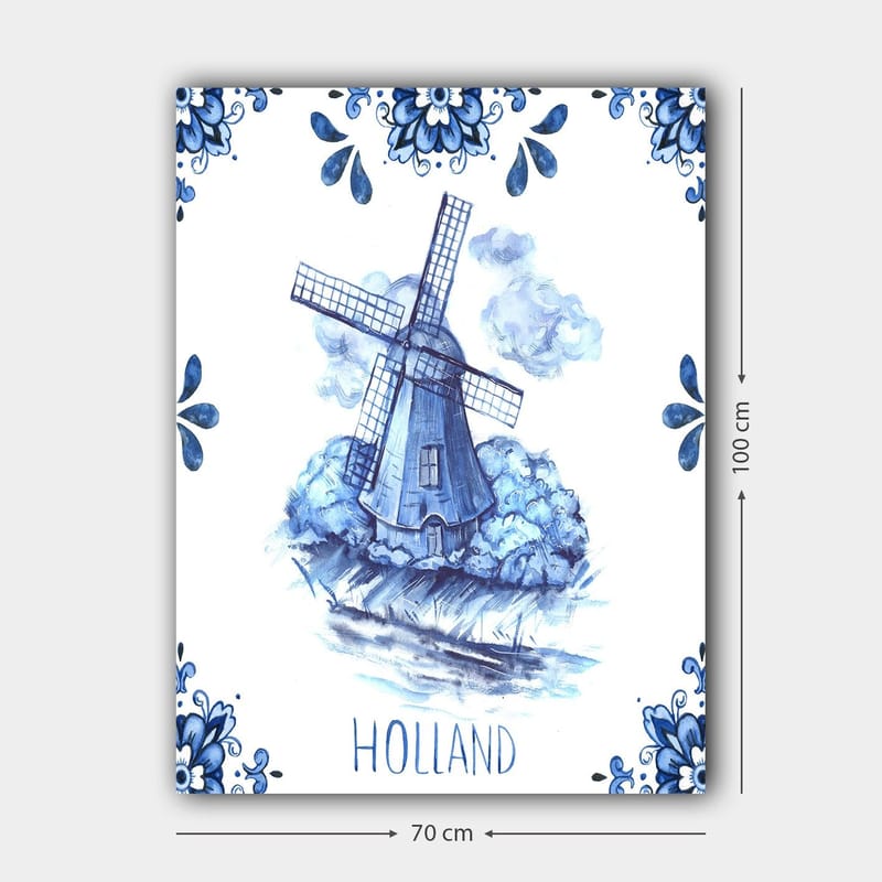 Canvastavla 70x100 cm - Traditionell holländsk väderkvarn omgiven av blå blommor och moln - Blå / Vit - Inredning - Tavlor & posters - Canvastavla