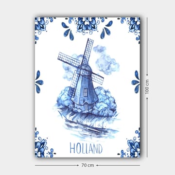 Canvastavla 70x100 cm - Traditionell holländsk väderkvarn omgiven av blå blommor och moln - Blå / Vit - Inredning - Tavlor & posters - Canvastavla