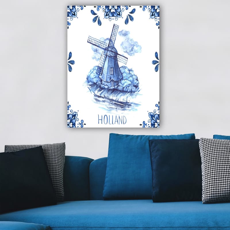 Canvastavla 70x100 cm - Traditionell holländsk väderkvarn omgiven av blå blommor och moln - Blå / Vit - Inredning - Tavlor & posters - Canvastavla