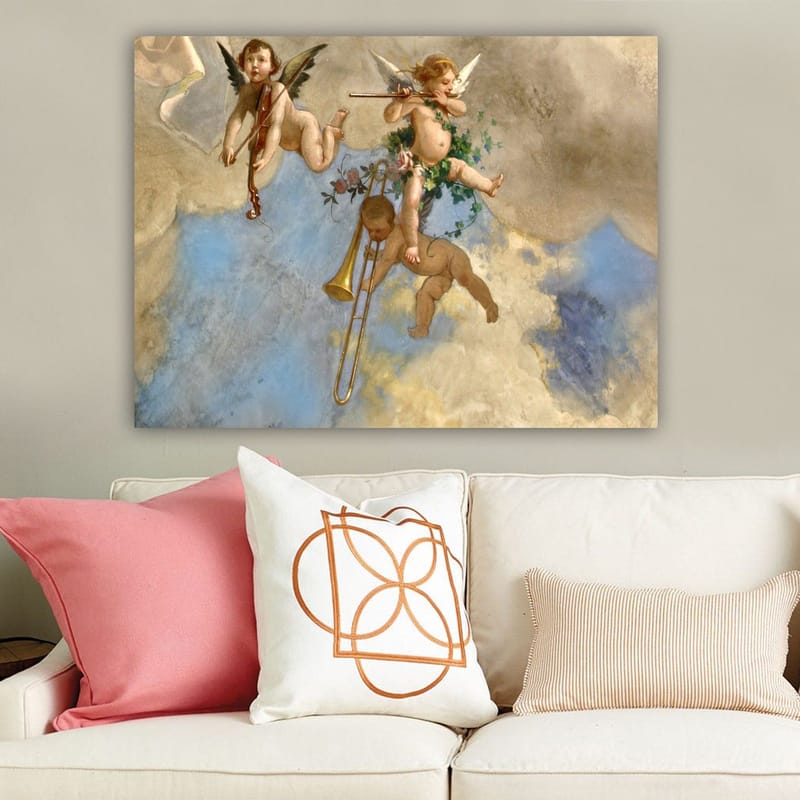 Canvastavla 70x100 cm - Tre änglar som spelar musik i en drömlik himmel - Blå / Beige / Rosa - Inredning - Tavlor & posters - Canvastavla