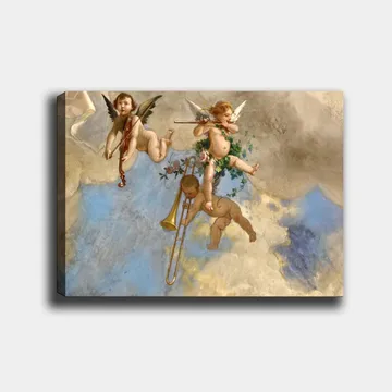 Canvastavla 70x100 cm - Tre änglar som spelar musik i en drömlik himmel - Blå / Beige / Rosa - Inredning - Tavlor & posters - Canvastavla