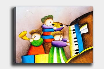 Canvastavla 70x100 cm - Tre glada barn som spelar musik med olika instrument - Grön / Röd / Blå - Inredning - Tavlor & posters - Canvastavla