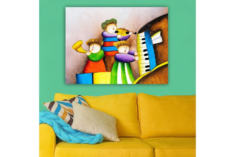 Canvastavla 70x100 cm - Tre glada barn som spelar musik med olika instrument - Grön / Röd / Blå - Inredning - Tavlor & posters - Canvastavla