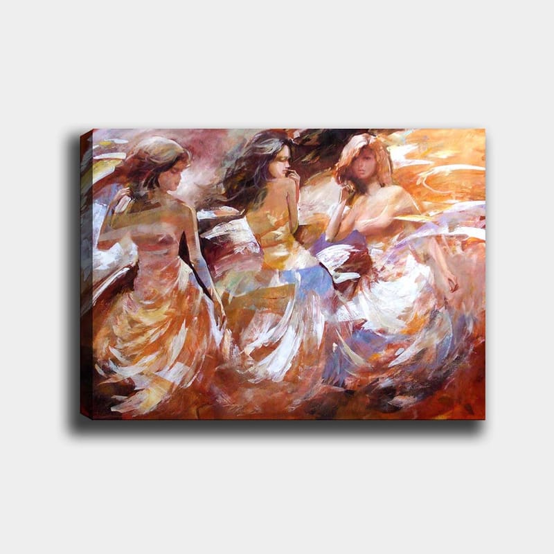Canvastavla 70x100 cm - Tre kvinnor i flödande klänningar som dansar, fångade i en dynamisk rörelse, Orange / Vit / Beige