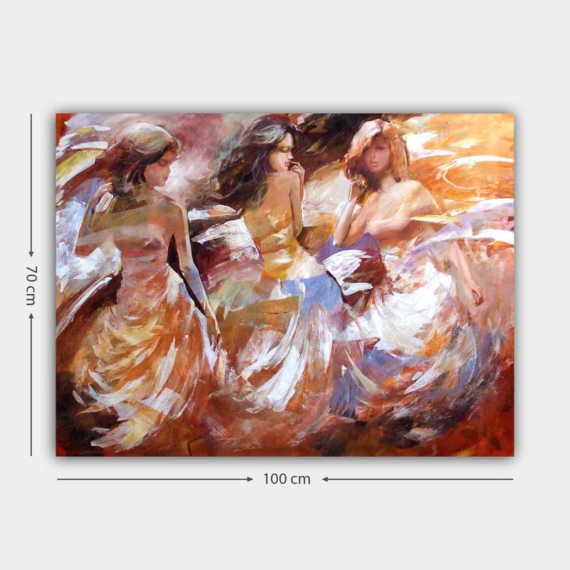 Canvastavla 70x100 cm - Tre kvinnor i flödande klänningar som dansar, fångade i en dynamisk rörelse - Orange / Vit / Beige - Inredning - Tavlor & posters - Canvastavla