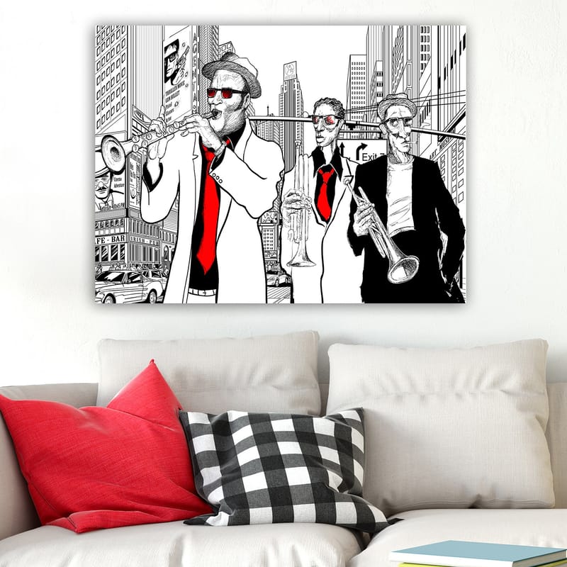 Canvastavla 70x100 cm - Tre musiker i kostymer spelar instrument på en livlig stadsgata - Röd / Svart / Vit - Inredning - Tavlor & posters - Canvastavla