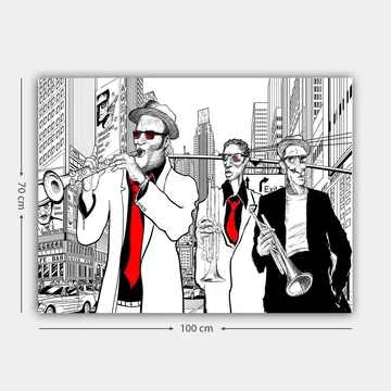 Canvastavla 70x100 cm - Tre musiker i kostymer spelar instrument på en livlig stadsgata - Röd / Svart / Vit - Inredning - Tavlor & posters - Canvastavla