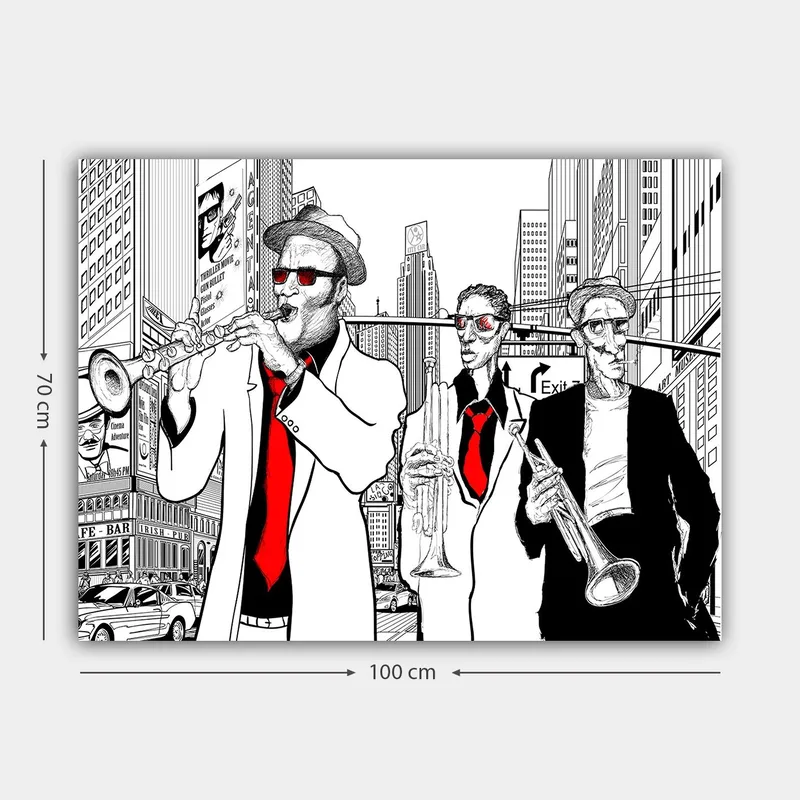 Canvastavla 70x100 cm - Tre musiker i kostymer spelar instrument på en livlig stadsgata - Röd / Svart / Vit - Inredning - Tavlor & posters - Canvastavla