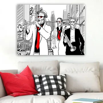 Canvastavla 70x100 cm - Tre musiker i kostymer spelar instrument på en livlig stadsgata - Röd / Svart / Vit - Inredning - Tavlor & posters - Canvastavla