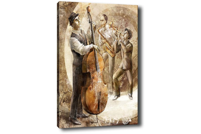 Canvastavla 70x100 cm - Tre musiker som spelar jazz, med en kontrabas i fokus - Brun / Beige / Vit - Inredning - Tavlor & posters - Canvastavla