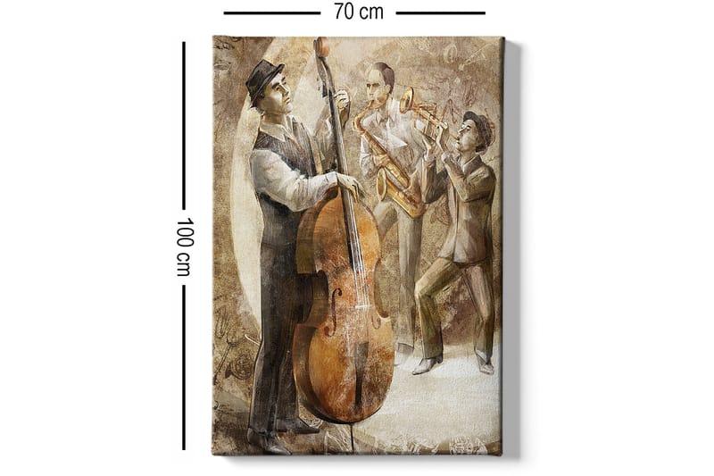 Canvastavla 70x100 cm - Tre musiker som spelar jazz, med en kontrabas i fokus - Brun / Beige / Vit - Inredning - Tavlor & posters - Canvastavla