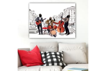 Canvastavla 70x100 cm - Tre musiker som spelar på gatan, med fokus på gitarr, trummor och kontrabas - Röd / Svart / Beige - Inredning - Tavlor & posters - Canvastavla