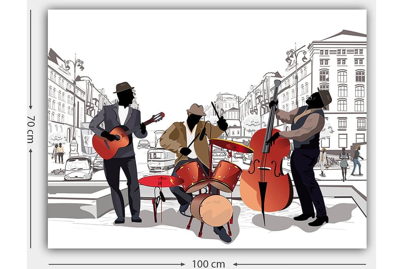 Canvastavla 70x100 cm - Tre musiker som spelar på gatan, med fokus på gitarr, trummor och kontrabas - Röd / Svart / Beige - Inredning - Tavlor & posters - Canvastavla