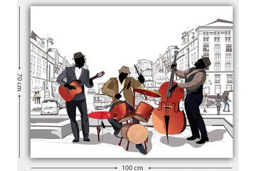 Canvastavla 70x100 cm - Tre musiker som spelar på gatan, med fokus på gitarr, trummor och kontrabas - Röd / Svart / Beige - Inredning - Tavlor & posters - Canvastavla