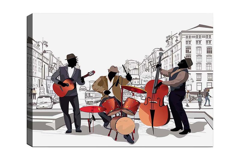 Canvastavla 70x100 cm - Tre musiker som spelar på gatan, med fokus på gitarr, trummor och kontrabas, Röd / Svart / Beige