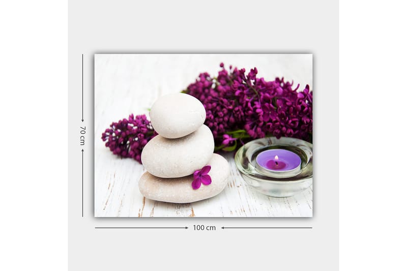 Canvastavla 70x100 cm - Tre staplade stenar med en lila blomma och ett doftljus i en lugn och harmonisk komposition - Ljusgrå / Lila - Inredning - Tavlor & posters - Canvastavla