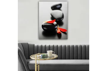 Canvastavla 70x100 cm - Tre svarta stenar med röda blomblad som skapar en harmonisk och avkopplande komposition - Svart / Röd - Inredning - Tavlor & posters - Canvastavla