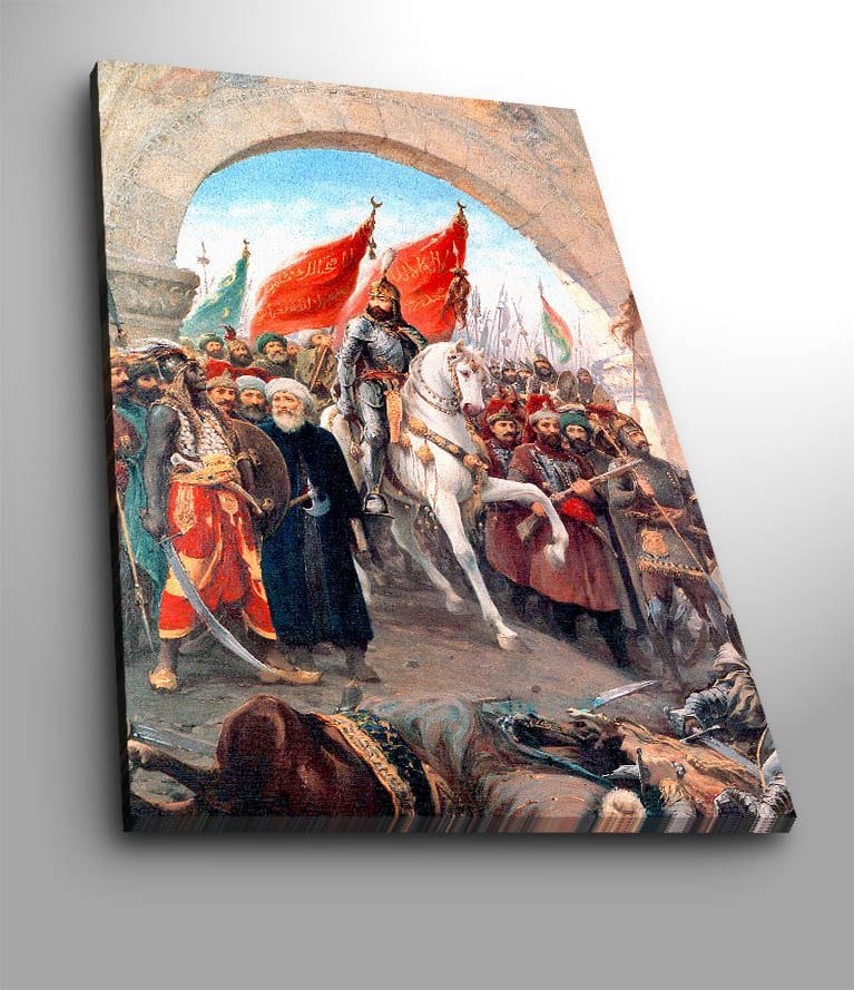 Canvastavla 70x100 cm - Triumferande ledare på en vit häst omgiven av en folkmassa med röda flaggor, Röd / Vit / Brun