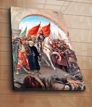 Canvastavla 70x100 cm - Triumferande ledare på en vit häst omgiven av en folkmassa med röda flaggor - Röd / Vit / Brun - Inredning - Tavlor & posters - Canvastavla