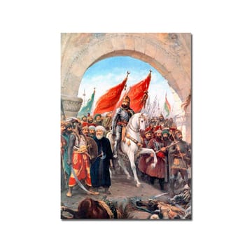 Canvastavla 70x100 cm - Triumferande ledare på en vit häst omgiven av en folkmassa med röda flaggor - Röd / Vit / Brun - Inredning - Tavlor & posters - Canvastavla