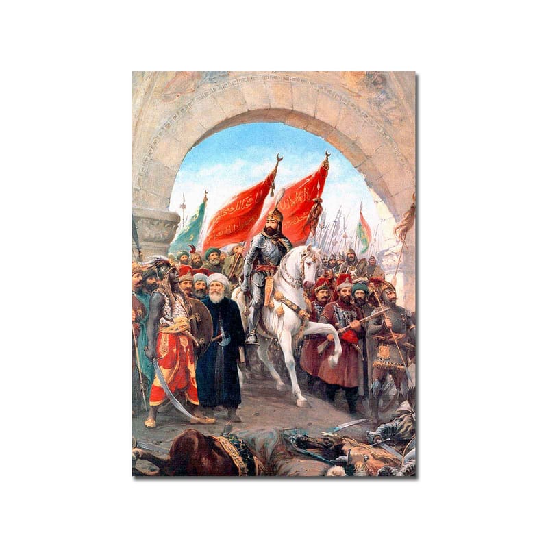 Canvastavla 70x100 cm - Triumferande ledare på en vit häst omgiven av en folkmassa med röda flaggor - Röd / Vit / Brun - Inredning - Tavlor & posters - Canvastavla