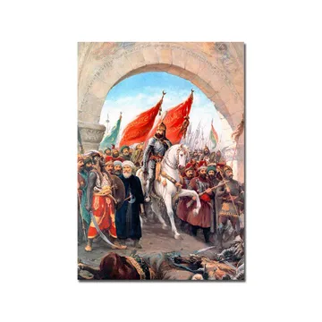 Canvastavla 70x100 cm - Triumferande ledare på en vit häst omgiven av en folkmassa med röda flaggor - Röd / Vit / Brun - Inredning - Tavlor & posters - Canvastavla